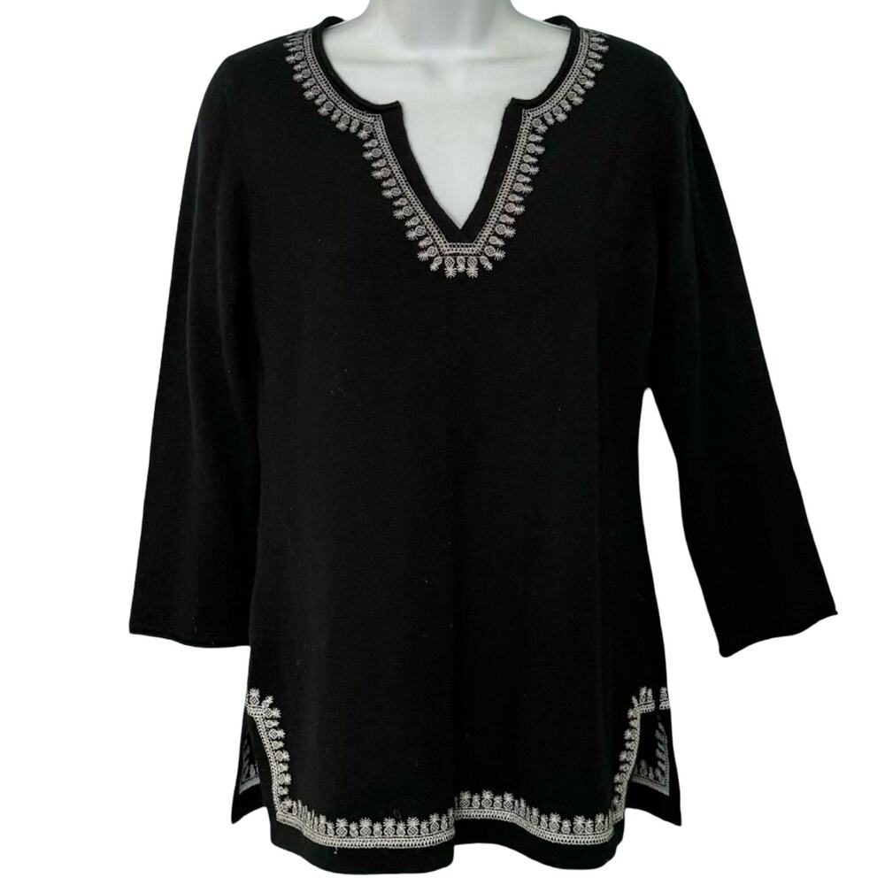Tommy Bahama Black Cashmere White Pineapple Embroidered Tunic Sweater size XS - Picture 2 of 10